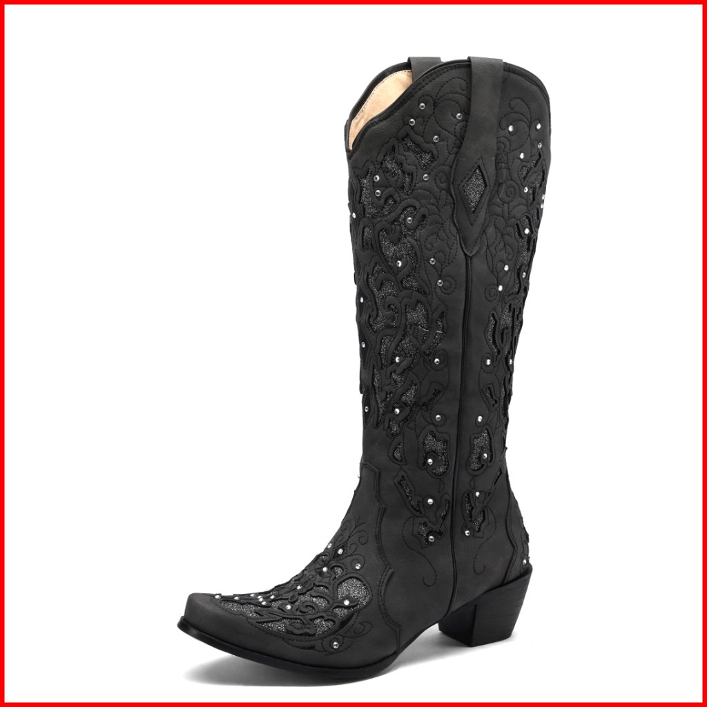 Knee High Western Boots Chunky Heel Pull On Pointed Toe Rhinestones